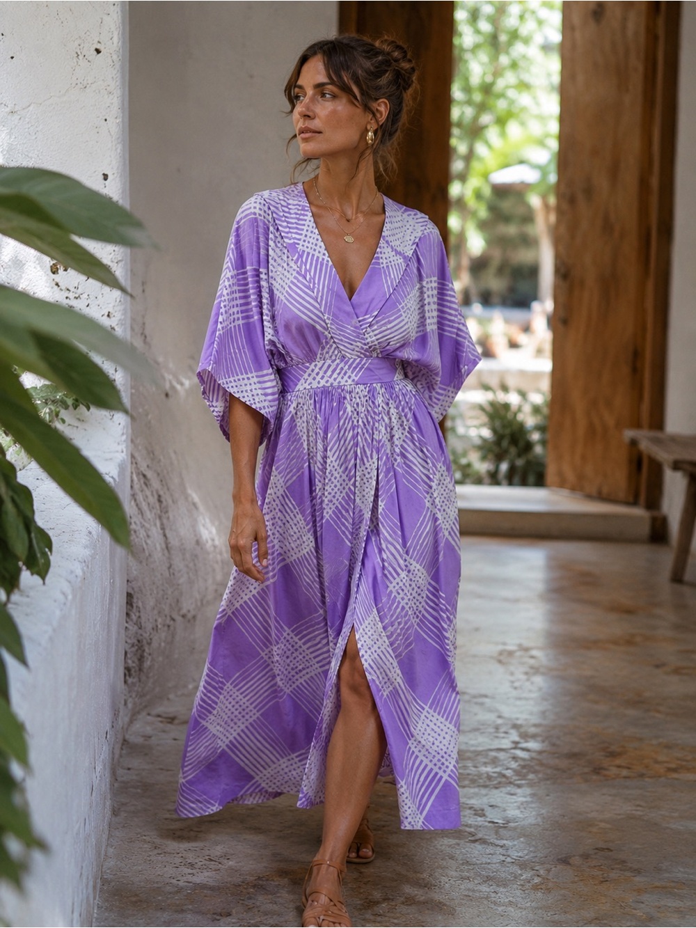 Lilac Batwing Wrap Midi Dress With Pockets Boho Resort XL
